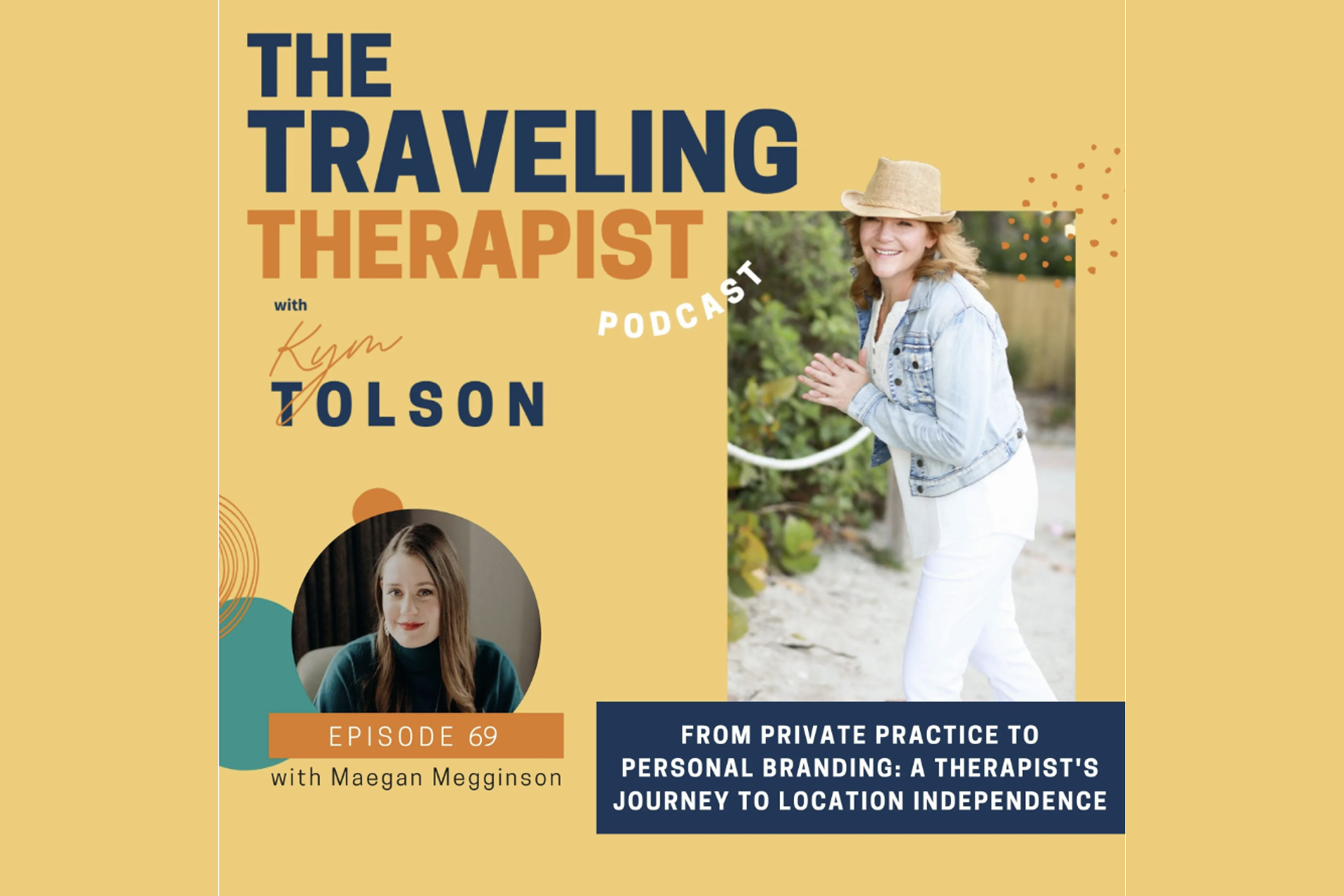Image is a graphic for The Traveling Therapist podcast with Kim Tolson and features a photo of Kim, A white woman with brown hair, wearing all white clothing and a straw hat, a headshot of Maegan, a white woman with long brown hair and red lipstick, and the words "From private practice to personal branding: a therapist's journey to location independance. Episode 69 with Maegan Megginson."
